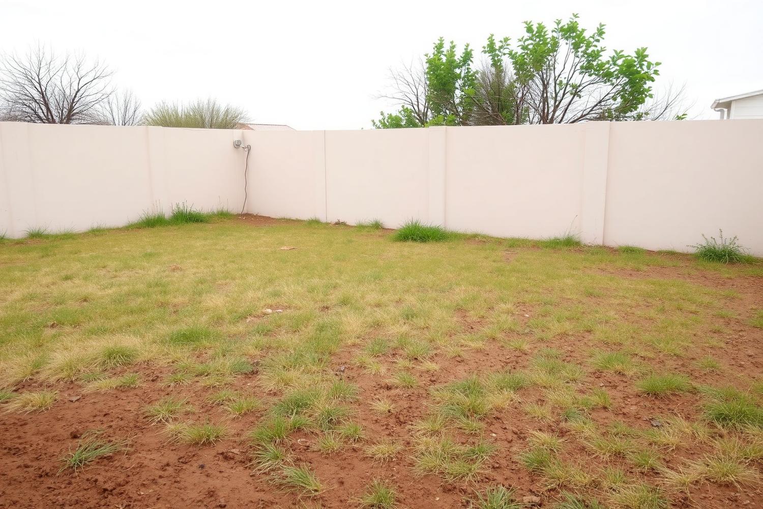 Bare backyard with patchy grass before landscaping