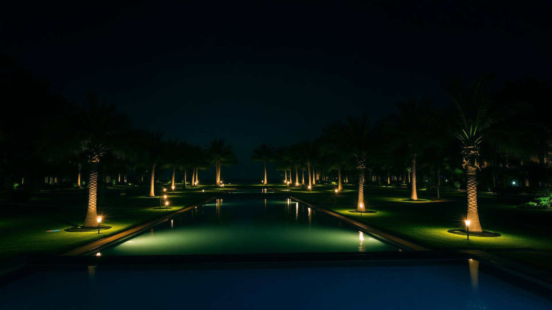 Illuminated resort garden at twilight